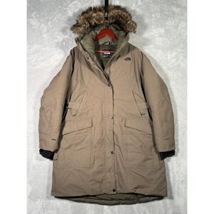North Face Parka Coat Womens XL Brown 550 Down DryVent Fur Outer Buroughs